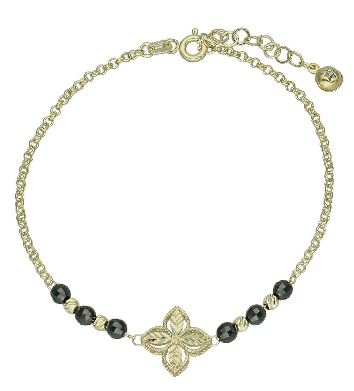 Bransoletka złota czarne cyrkonie próba 585, BR 7931 585 Złota bransoletka wykonana z 14 karatowego żółtego złota. Bransoletka to idealny pomysł na prezent. Złota bransoletka z ozdobnym grawerowanym kwiatkiem, wyk (2).jpg